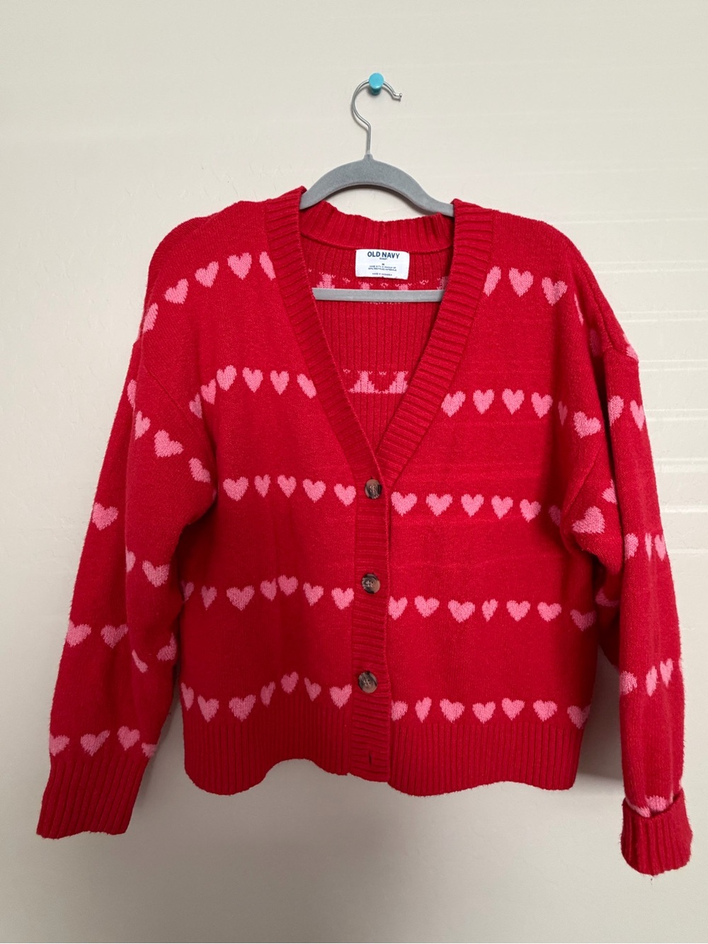 Old Navy Red Cardigan with Pink Heart Pattern